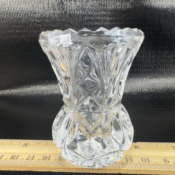 Vintage Clear Sawtooth Edge Small Toothpick Holder Small Bud Vase Crystal Glass - Picture 1 of 11